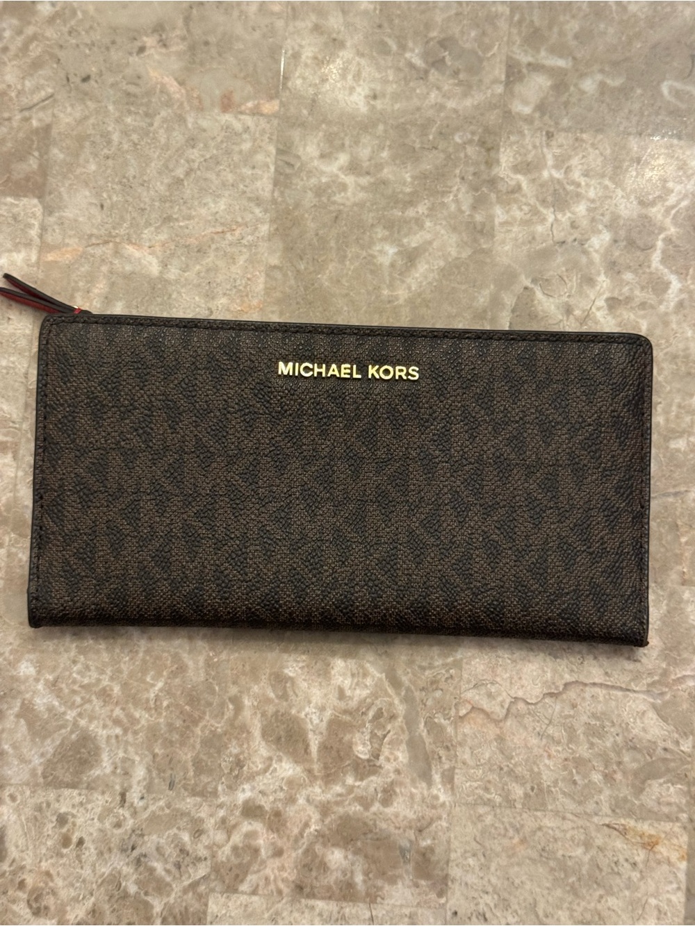 Michael Kors Signature Logo Brown Wallet Red Interior Gold Hardware